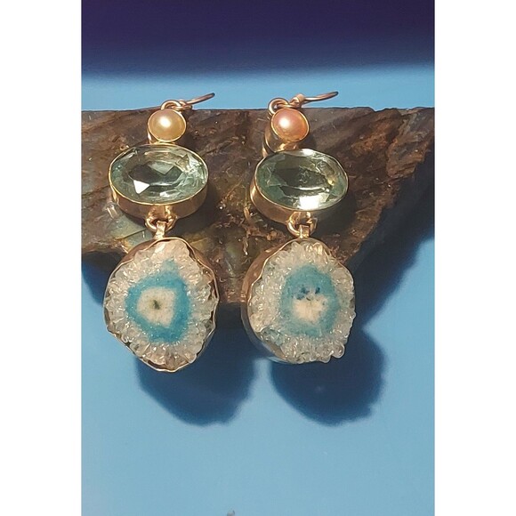 Blue druzy agate? Earrings with blue glass and faux pearl silver plated - Picture 9 of 9